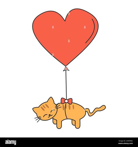 cute cartoon cat flying in the sky with big heart balloon romantic ...