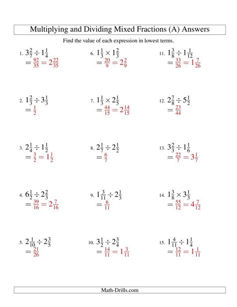 the multiplying and dividing mixed fractions worksheet is shown in red