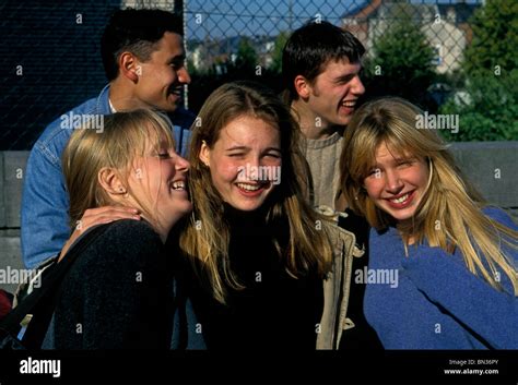 Belgian people young men and women male female students on campus at Stock Photo: 30189347 - Alamy