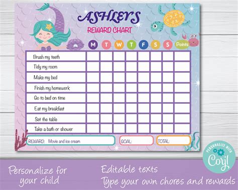 Editable Mermaid Kids Chore Chart , Printable Reward Chart For Kids, Kids Routine Chart ...