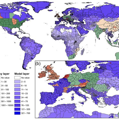 (a) World and (b) Europe maps of flood protection standards contained ...