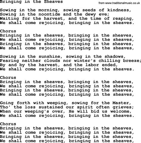 Baptist Hymnal, Christian Song: Bringing In The Sheaves- lyrics with PDF for printing