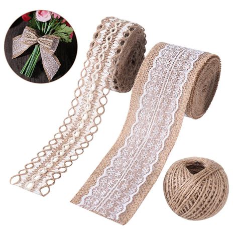 Amazon.com: Unomor Burlap Ribbon with White Lace 157x2.3inch, Hollow Out Burlap Roll 157x1.6 ...