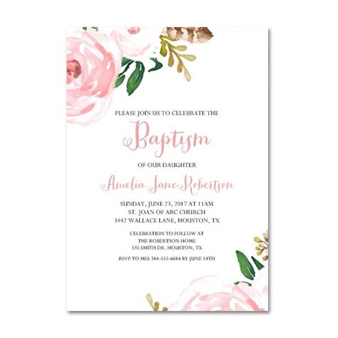 Free Printable Editable PDF Baptism Invitation DIY - Pink Watercolor Flowers - Instant Download ...