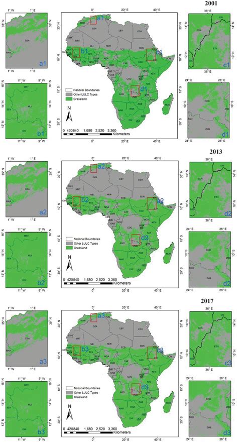 Maps of Africa showing grassland distribution in 2001, 2013, and 2017 ...