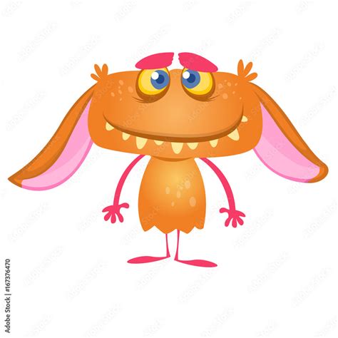 Cute happy cartoon monster with big ears. Vector orange monster ...