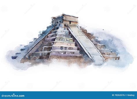 Pyramid Chichen Itza in Mexico Watercolor Drawing. Temple of Kukulkan ...