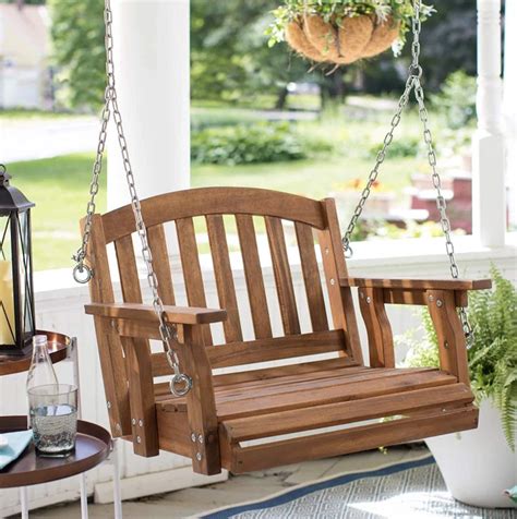 single-wooden-porch-swing-one-seater-with-chains-and-armrest - Hanging ...