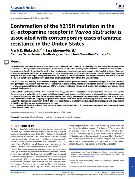 (PDF) Confirmation of the Y215H mutation in the β2 -octopamine receptor in Varroa destructor is ...