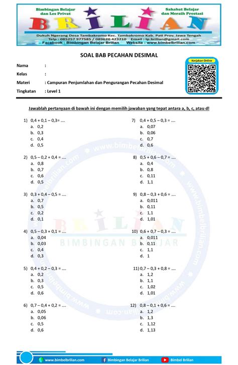 Kumpulan Soal Campuran Penjumlahan Pengurangan Pecahan Desimal – Bimbel Brilian