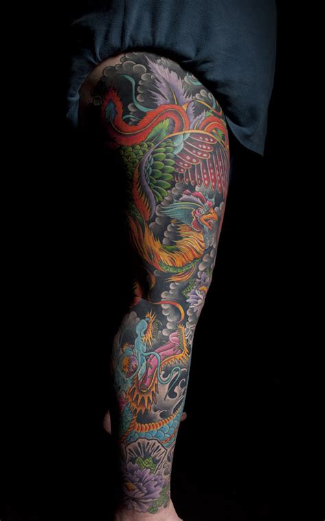 Japanese phoenix dragon leg sleeve | Mark Thompson Tattoo