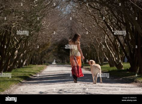 Woman walking dog Stock Photo - Alamy