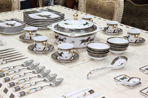 Royal Porcelain Greek Key Horse Cheval 75-pc Large Dinner and Sushi set, Service for 6, Vintage ...