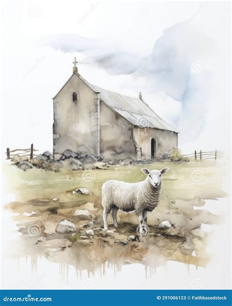 Lamb Of God. Watercolor Painting Of A Little Lamb Standing In Front Of A Church Royalty-Free ...