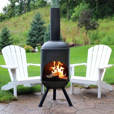 Sunnydaze Modern Chiminea - Steel Outdoor Wood-Burning Fire Pit - Large 5-Foot Black Fireplace ...