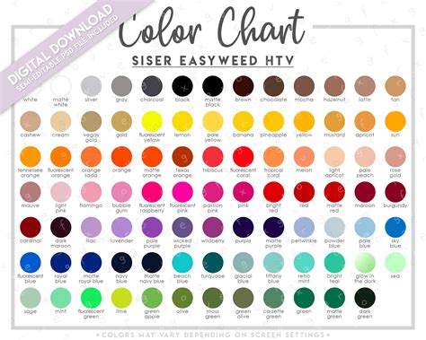 Semi-editable Siser Easyweed HTV Color Chart Updated 2022 - Etsy Canada