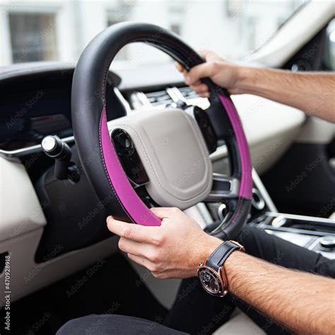 Modern car - interior, steering wheel and dashboard Stock Photo | Adobe ...