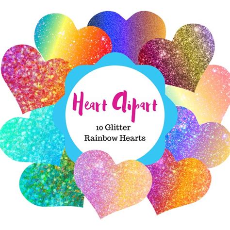 Rainbow Glitter Heart Clipart Glitter Clipart Ombre Hearts | Etsy