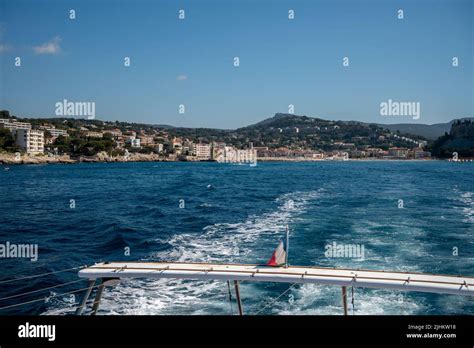 View from seaside on Provencal Cassis, boat excursion to Calanques national park in Provence ...