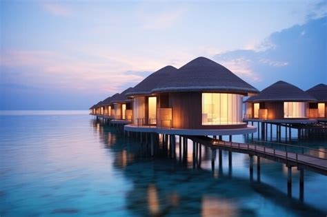 Premium AI Image | maldives sea view bungalows in sunset at beach