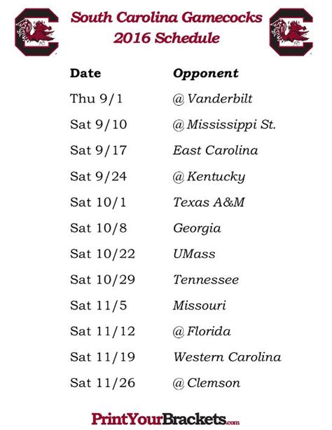 Printable South Carolina Gamecocks Football Schedule 2016 | South ...