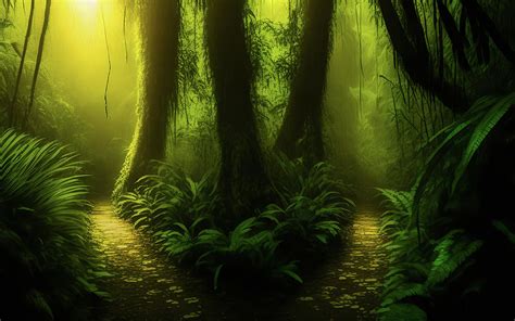 Dark jungle with footpath illuminated by magic light.Generative Photograph by Radomir Rezny ...