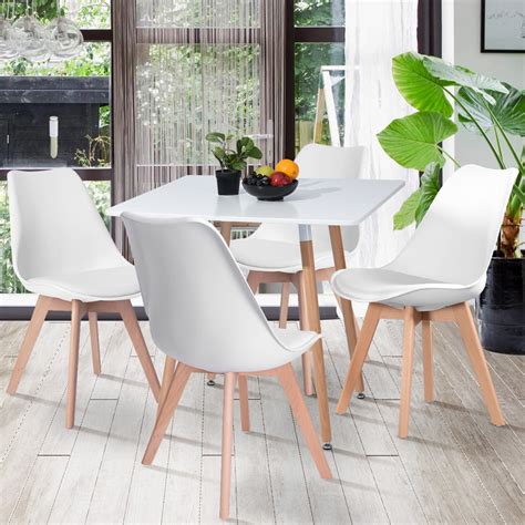 Kitchen Chairs Set of 4, Modern White Dining Chairs with Scandinavian Design, Metal and Wood ...