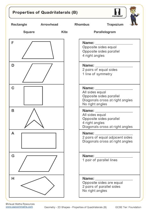 Properties of Quadrilaterals (B) Worksheet | Printable Maths Worksheets