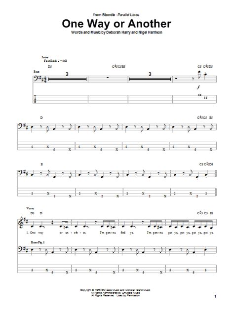 One Way Or Another Bass Guitar Tab by Blondie (Bass Guitar Tab – 72347)