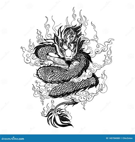 Asia Dragon with Fire and Cloud in Sky Drawing Tattoo Stock ...