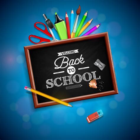 Back to school design with colorful pencil, eraser and other school items on blue background ...