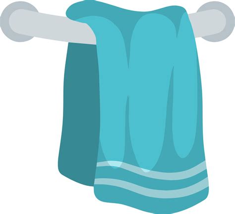 Blue towel on holder. Object on wall. Cartoon flat illustration. Element of bath, shower and ...