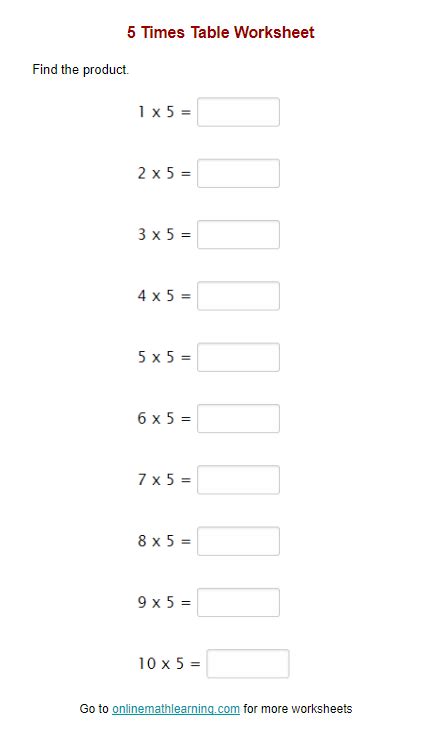 5 Times Table Worksheet (printable, online, answers)