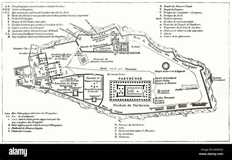 Old plan of the Acropolis, Athens. By unidentified author, published on Le Tour du Monde, Paris ...