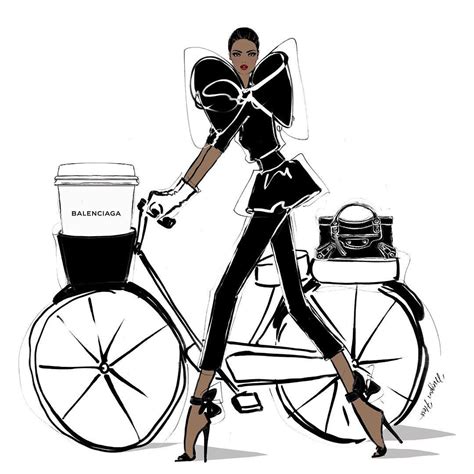 a drawing of a woman riding a bike with a coffee cup on the front wheel