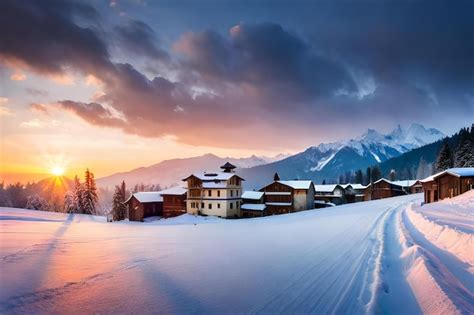 Premium Photo | A beautiful mountain village with snow covered mountains in the background