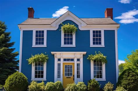 Premium Photo | Colonial house against blue sky balanced windows in view