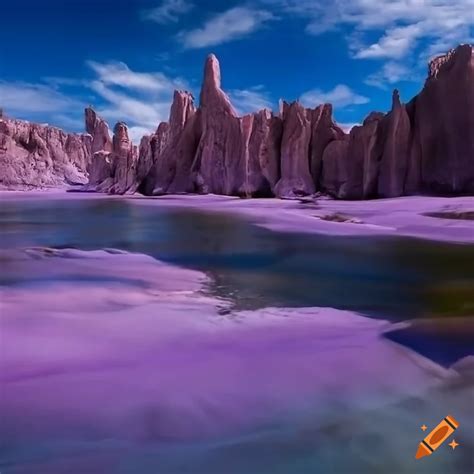 Purple desert with blue stone tufas carved by wind erosion on Craiyon