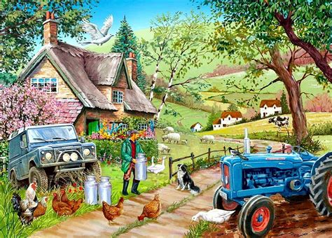 Farm Animals, cow, cottage, chicken, well, birds, butterflies, horse ...