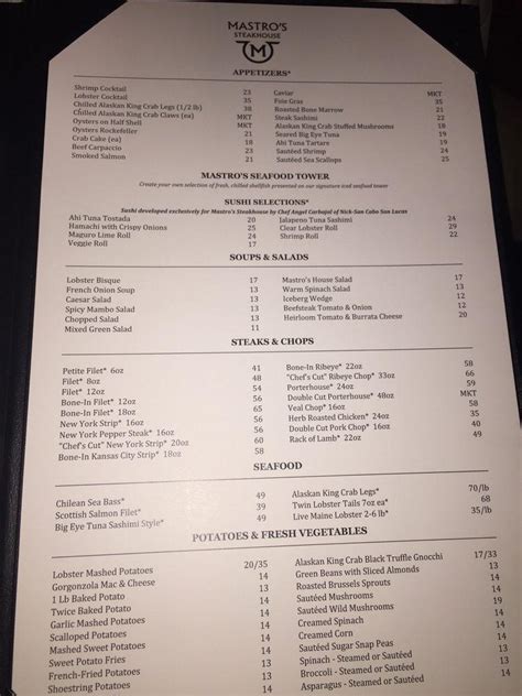 Menu at Mastro's Steakhouse, Chicago