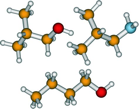 Ball-and-stick models of the structures of isobutanol (upper left),...