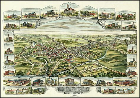 Derry New Hampshire Vintage Map Birds Eye View 1898 Photograph by Carol ...