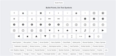 Bullet point symbols | Text symbols, Bullet point symbol, Dot text