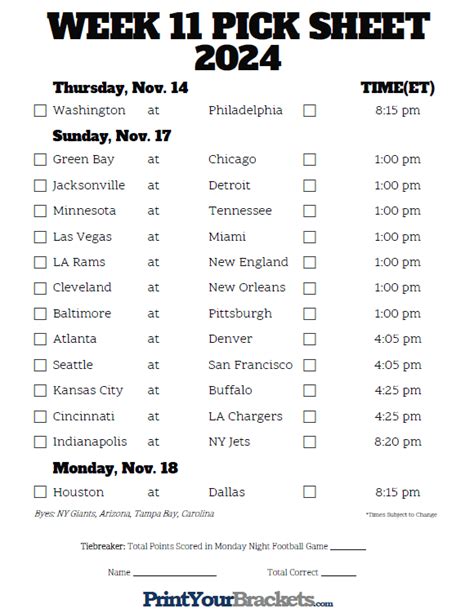 Nfl Week 11 Printable Schedule