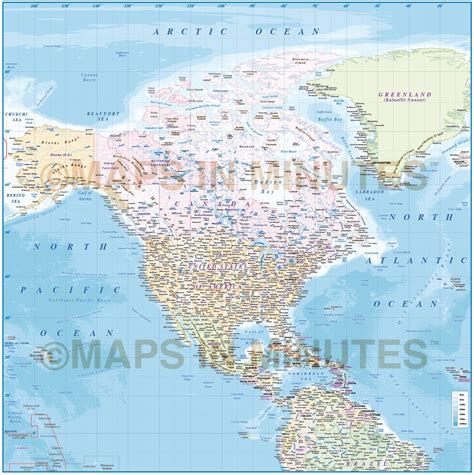 North America Country map with ocean floor contours @10,000,000 scale