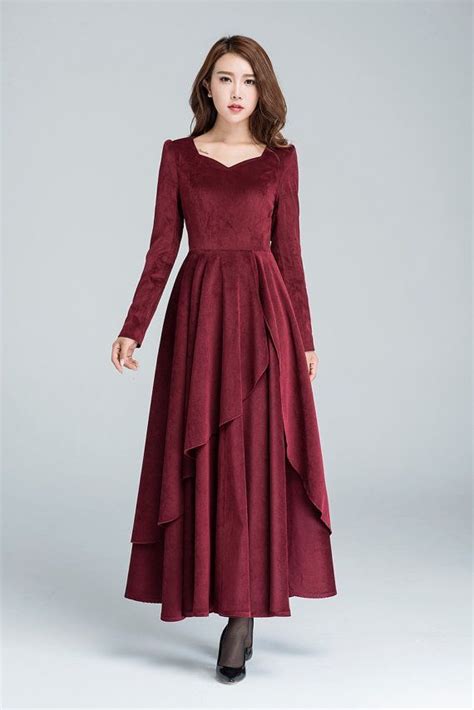 wine red dress corduroy dress romantic dress long by xiaolizi We are ...