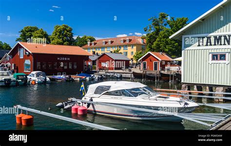 Hjo, Sweden – July 2, 2018: Hjo marina seen from one of the piers ...