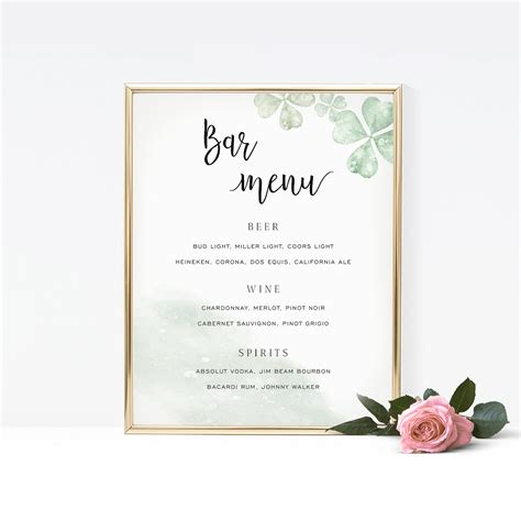 Clover Menu Sign Template Bar Sign Printable Wedding Bar | Etsy