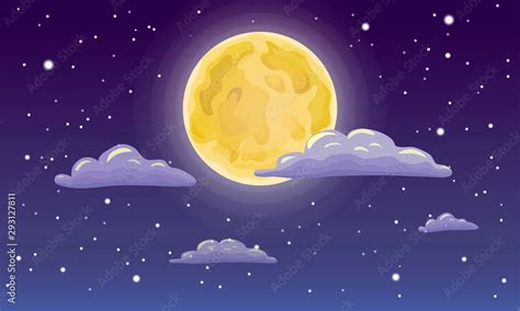 full moon, stars, and clouds on the dark midnight sky. Night sky scenery background. Cartoon ...