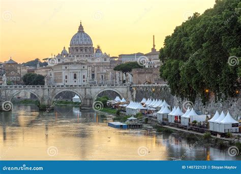 Sunset Panorama of Tiber River, St. Angelo Bridge and St Editorial Stock Photo - Image of roman ...